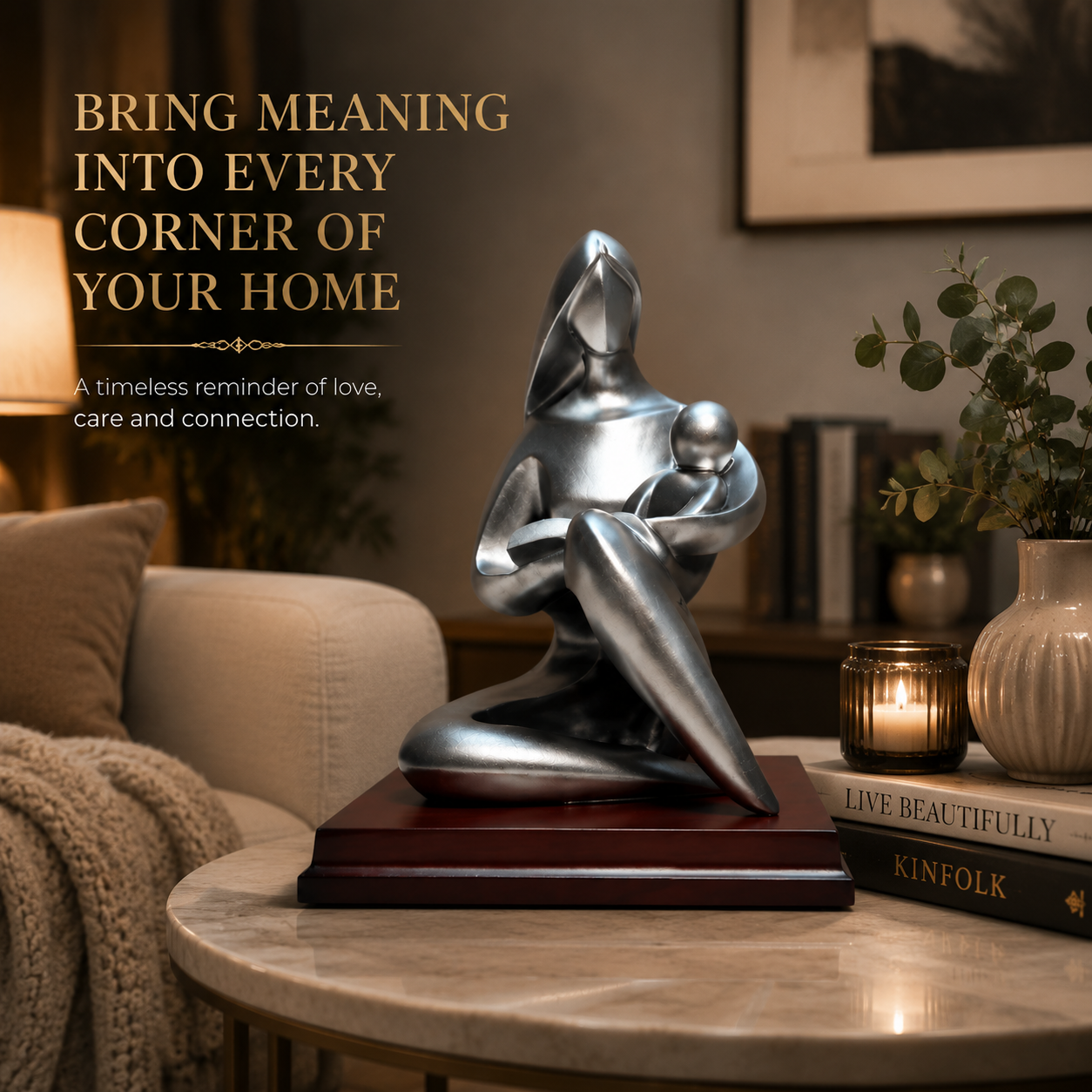 Mother and Son Abstract Sculpture | Family Figurine Statue | Silver Character Ornament for Desk Shelf Living Room Decor