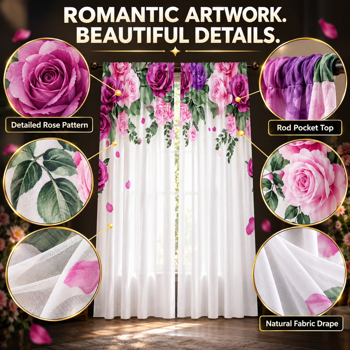 Rose Floral Curtains | Dream Fallen Rose Pattern Window Drapes | Romantic Bedroom Living Room Decor | Rod Pocket Panels