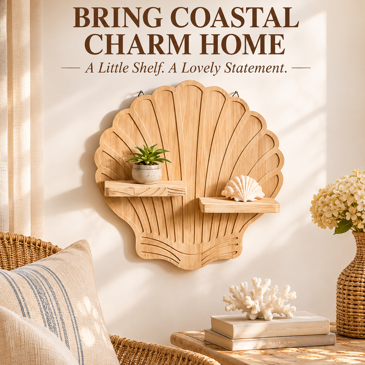Seashell Wooden Wall Shelf, Coastal Nautical Decor, Wall Mounted Display Shelves for Bedroom Living Room