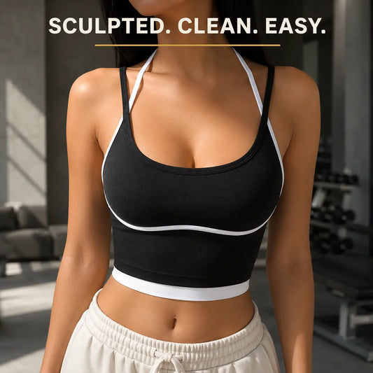 Colorblock Halter Sports Crop Top | Contrast Trim Fitness Vest | Scoop Neck Workout Tank | Running Yoga Gym Wear Jumartins