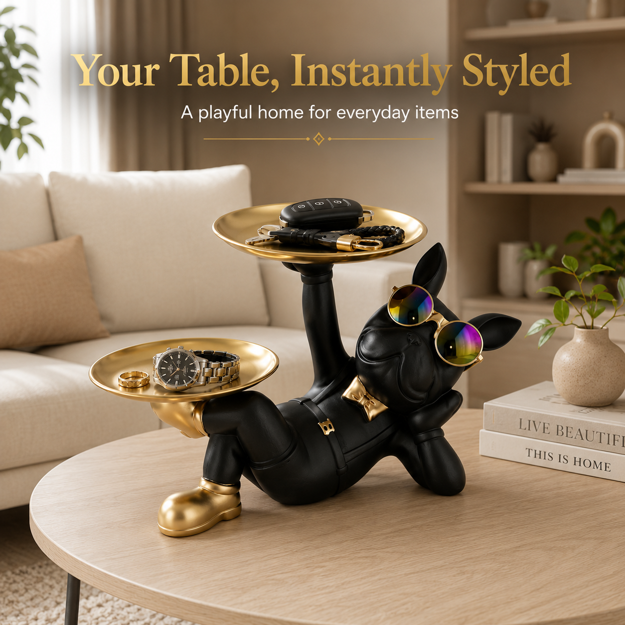 Dog Valet Tray Organizer | Black Puppy Decor Tray | Key Holder Statue | Watch Display Stand | Gift For Pet Lover Desk Decor