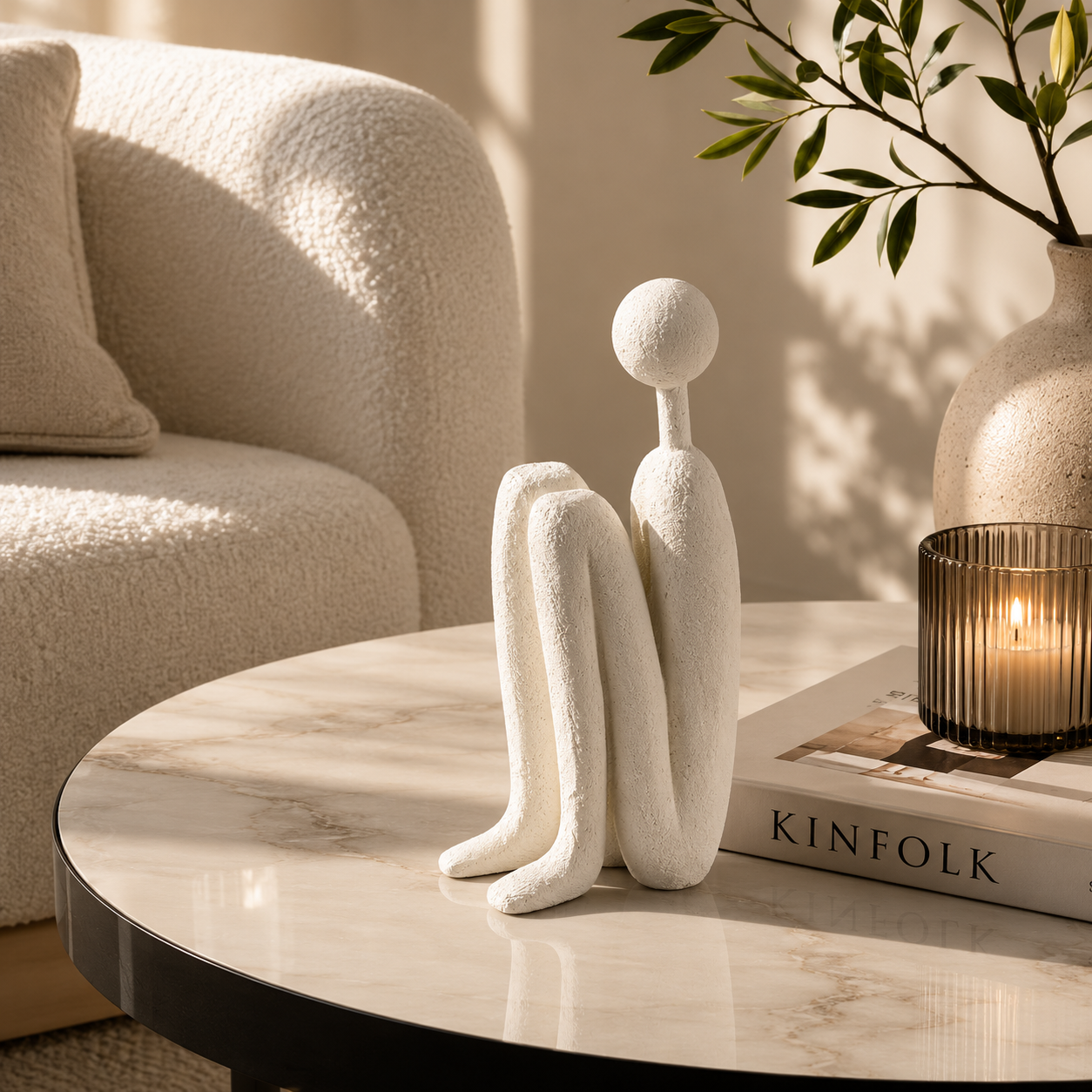 Resin Abstract Seated Figure Sculptures | Modern Minimalist Table Decor for Shelf Console Living Room Accent