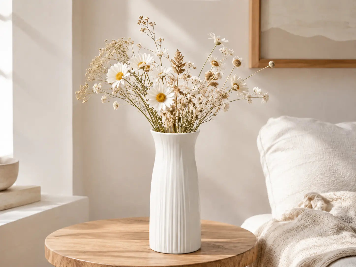White Textured Plastic Vase | Modern Flower Holder | Minimalist Table Decor | Living Room Shelf Orna Jumartins