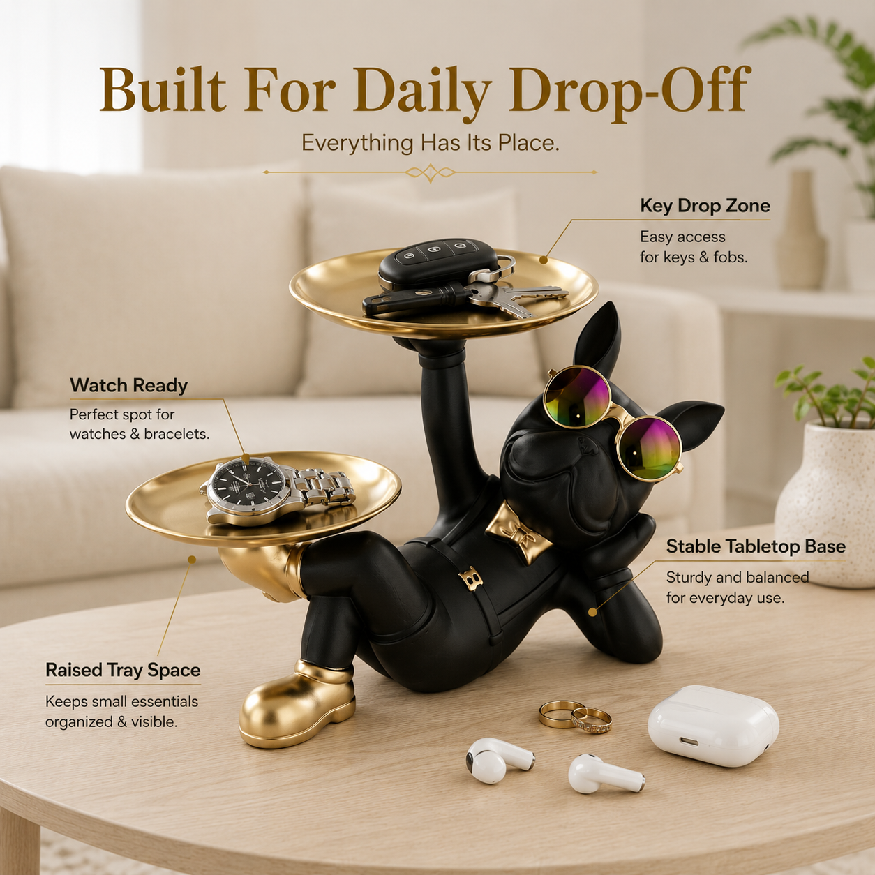 Dog Valet Tray Organizer | Black Puppy Decor Tray | Key Holder Statue | Watch Display Stand | Gift For Pet Lover Desk Decor