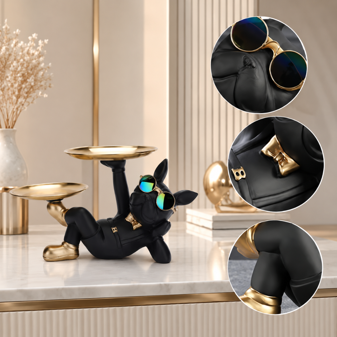 Black Bulldog Statue with Tray – Key Holder, Jewelry Organizer, Luxury Entryway Decor, Office Desk Accessory, Modern Home Accent Gift