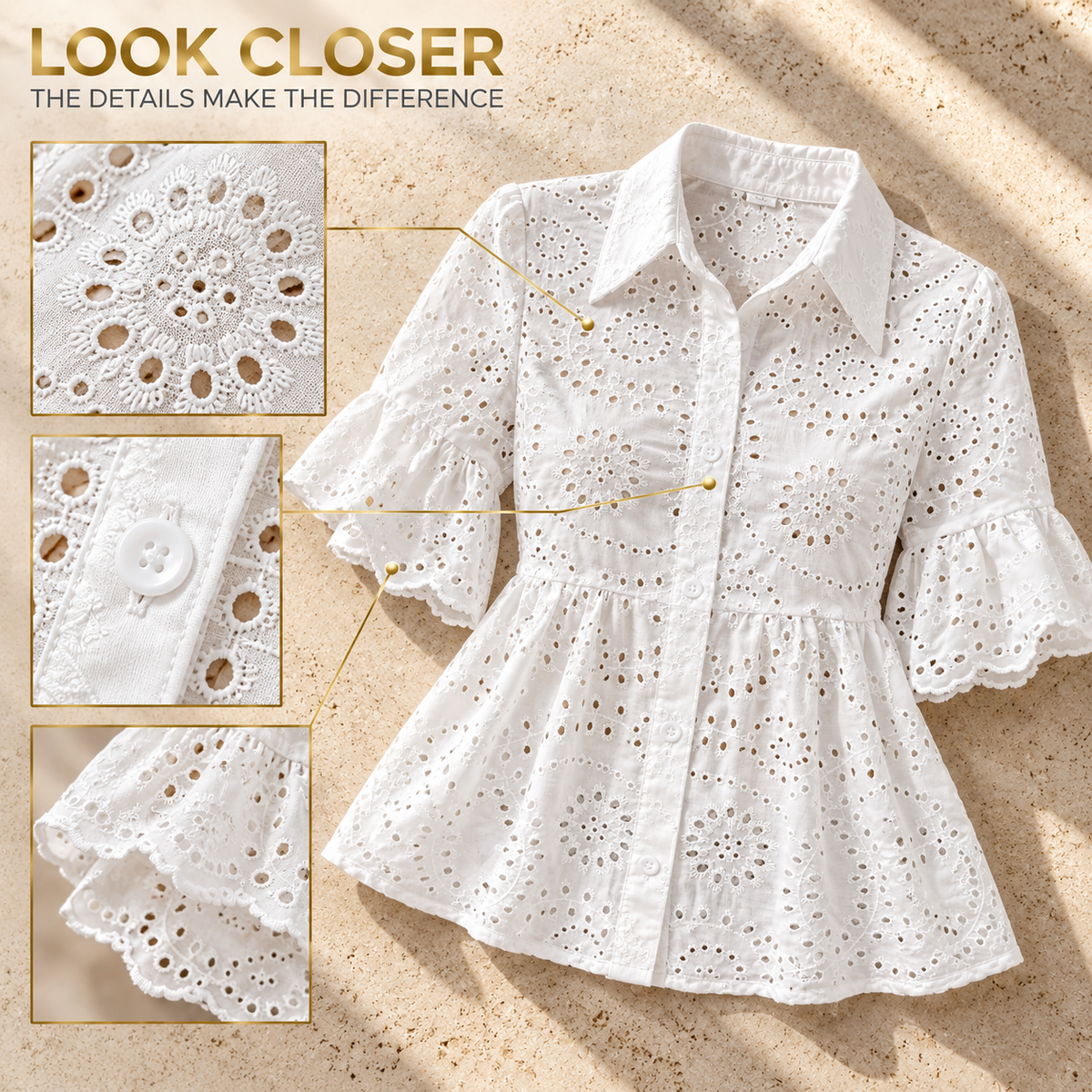 White Eyelet Blouse Women, French Embroidered Puff Sleeve Summer Top, Scalloped Hem Romantic Casual Shirt
