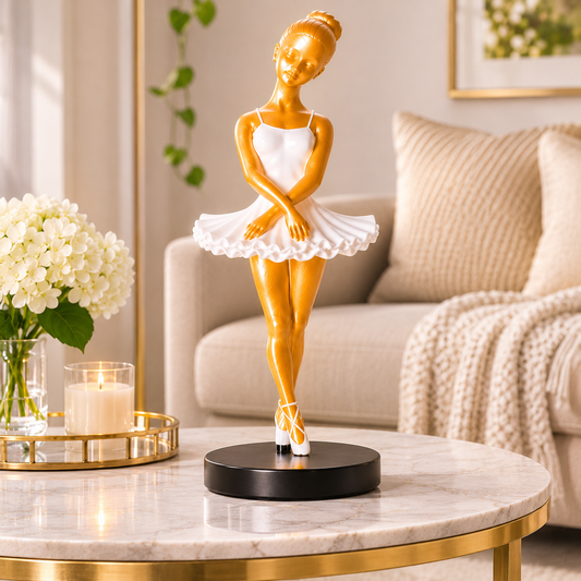 Ballet Dancer Resin Figurine | Gold Ballerina Statue with White Tutu | Girls Room Decor, Dance Studio Accent, Birthday Gift for Ballet Lovers