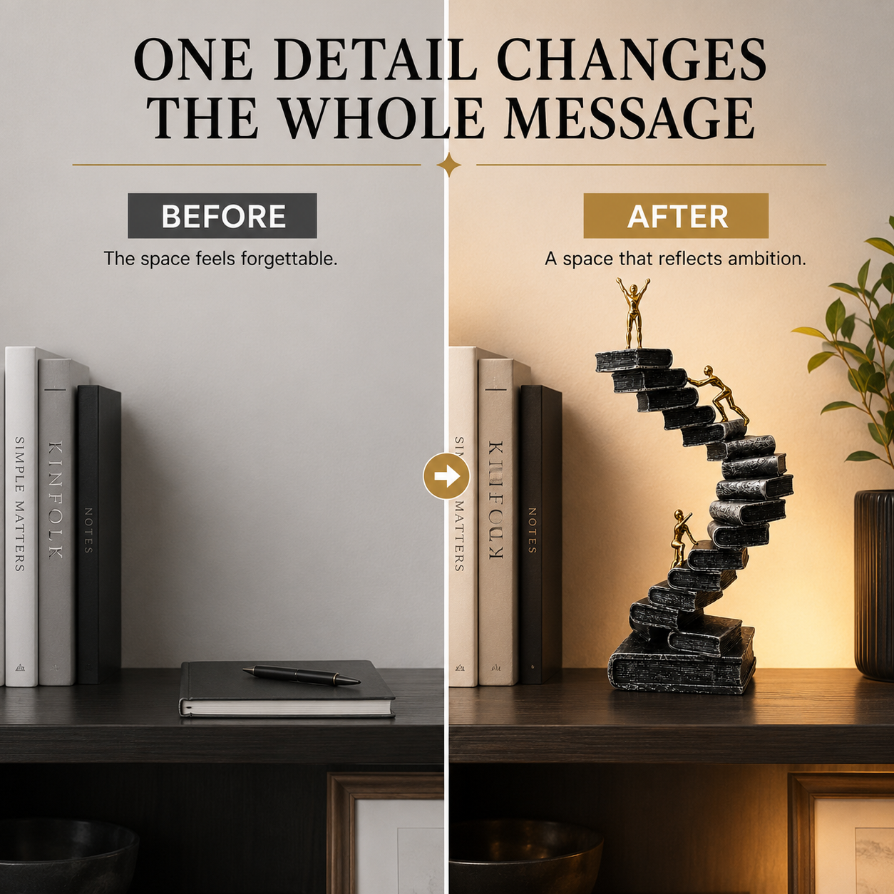 Climbing Book Staircase Sculpture | Gold Figure Office Decor | Inspirational Desk and Living Room Accent