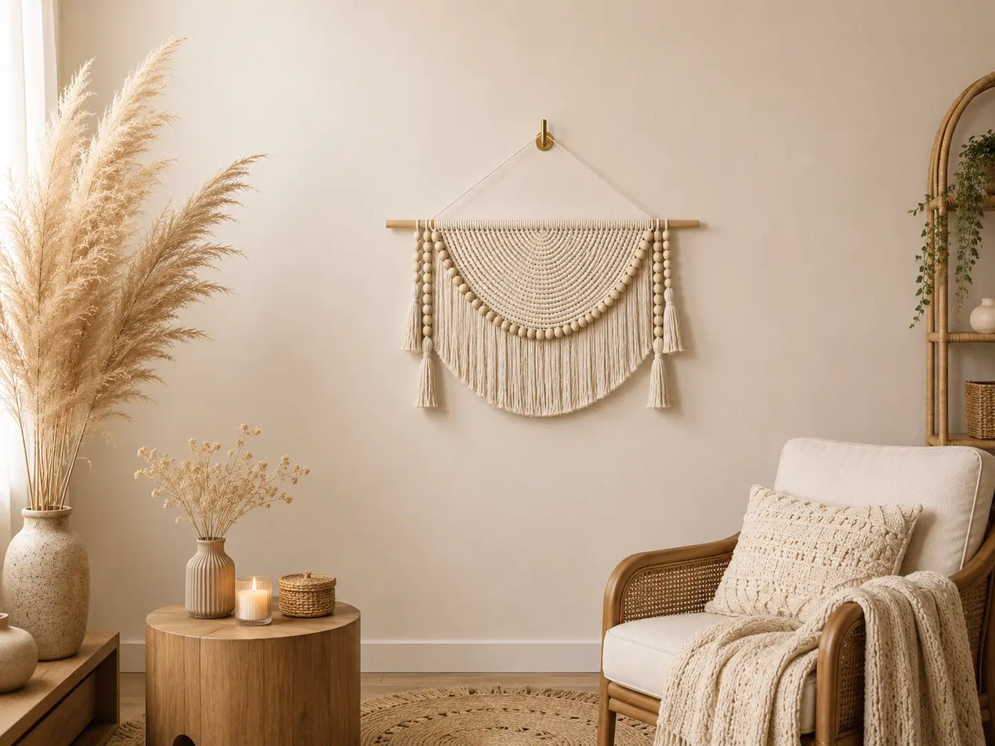 Macrame Wall Hanging Decor | Woven Wall Tapestry With Wood Beads | Boho Bedroom Living Room Office Accent Jumartins