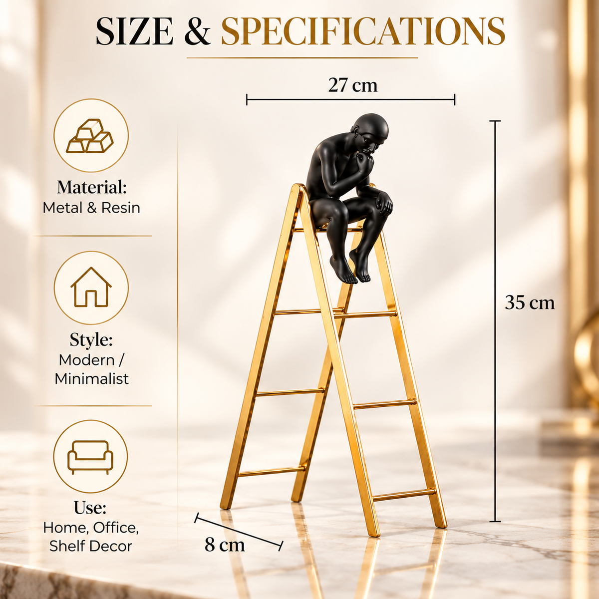 Abstract Thinker Statue on Gold Ladder | Black Seated Figure Sculpture, Modern Desk Ornament, Minimalist Home Office Decor, Art Lover Gift