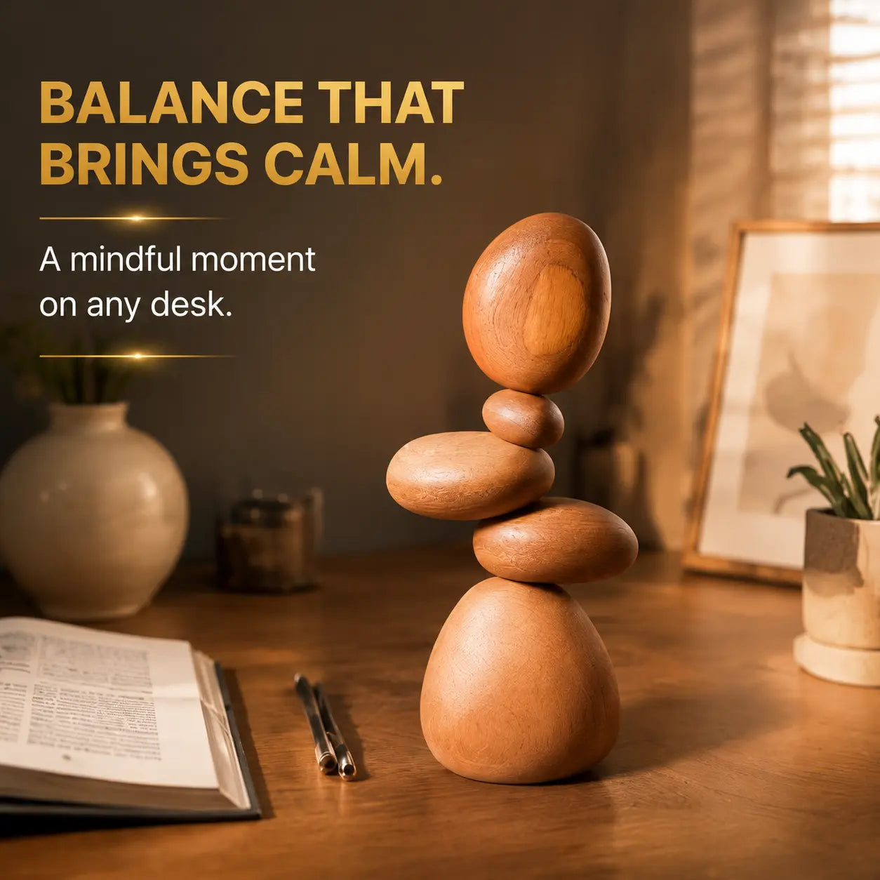 Wood Pebble Balance Sculpture | Minimalist Table Decor | Stacked Stone Art Ornament | Shelf Accent For Calm Spaces Jumartins