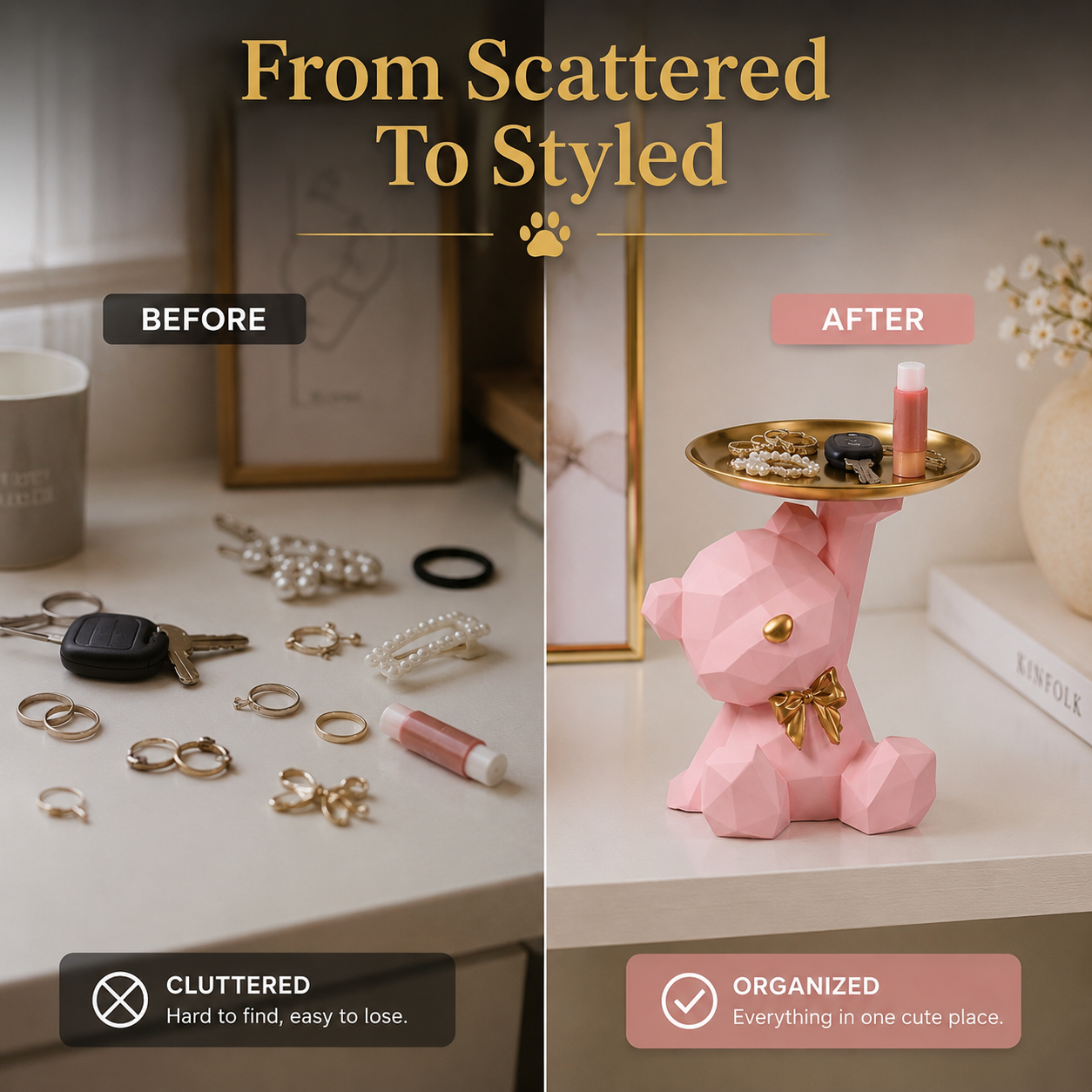 Cute Bear Jewelry Tray Organizer – Aesthetic Vanity Decor, Ring Holder, Key Dish, Small Item Storage for Desk & Nightstand
