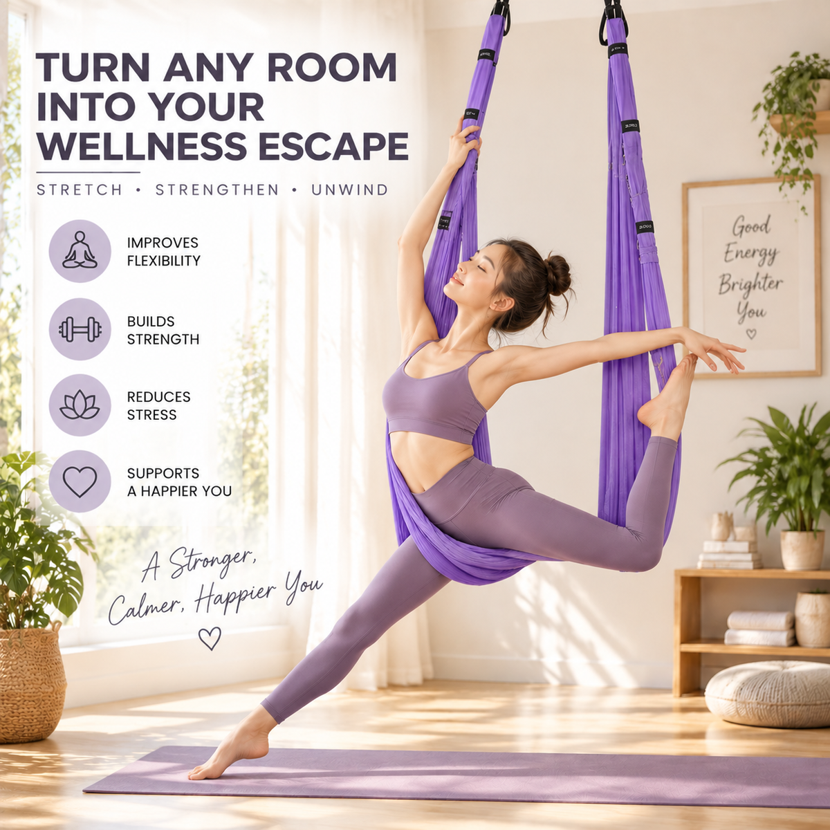 Aerial Yoga Rope Swing | Home Yoga Stretching Support | Fitness Exercise Rope | Yoga Training Equipment | Relaxation Practice Tool