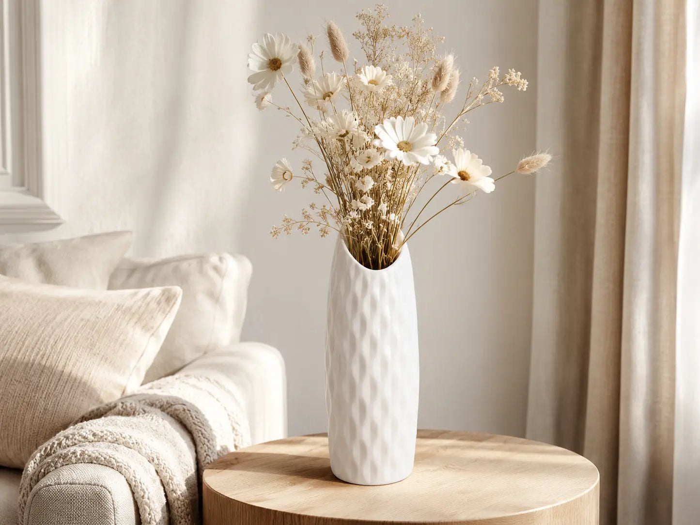 White Textured Plastic Vase | Modern Flower Holder | Minimalist Table Decor | Living Room Shelf Orna Jumartins