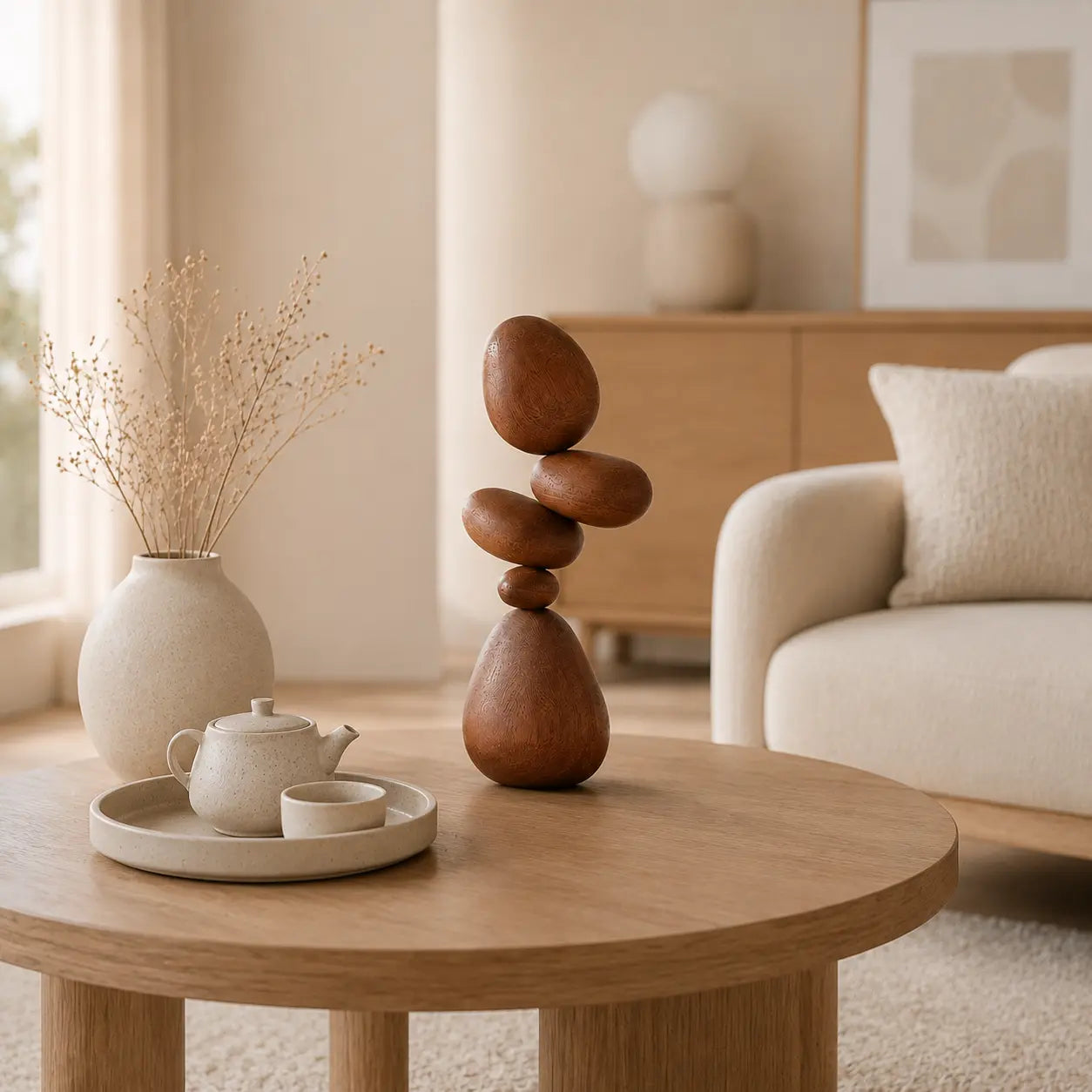 Wood Pebble Balance Sculpture | Minimalist Table Decor | Stacked Stone Art Ornament | Shelf Accent For Calm Spaces Jumartins