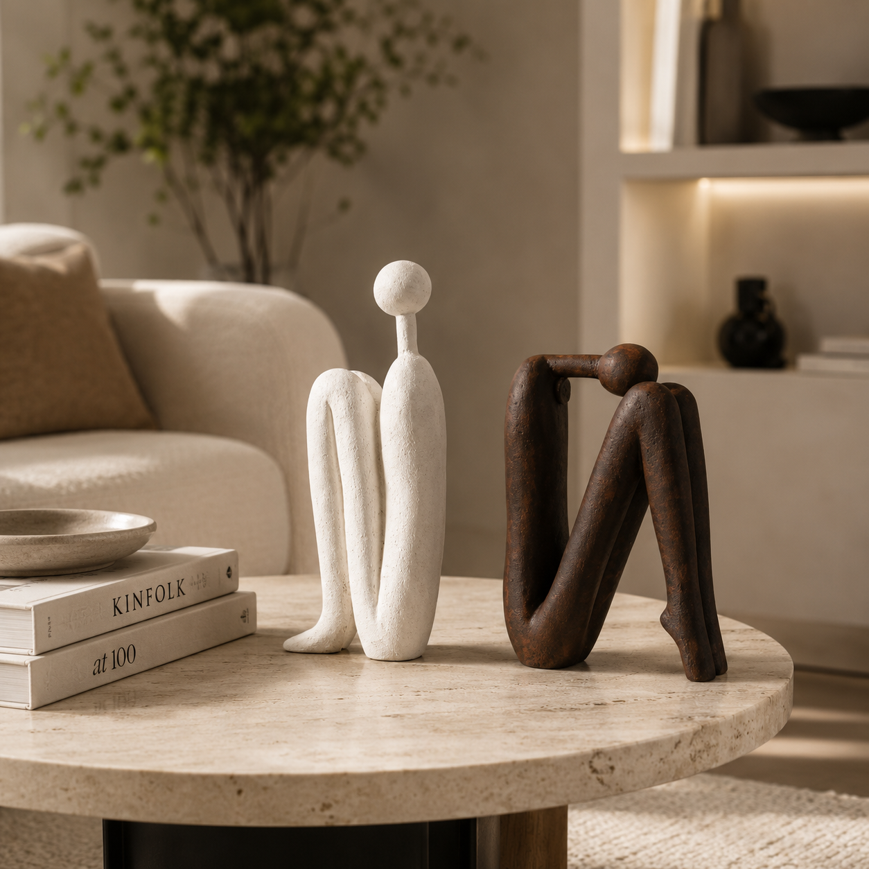Resin Abstract Seated Figure Sculptures | Modern Minimalist Table Decor for Shelf Console Living Room Accent