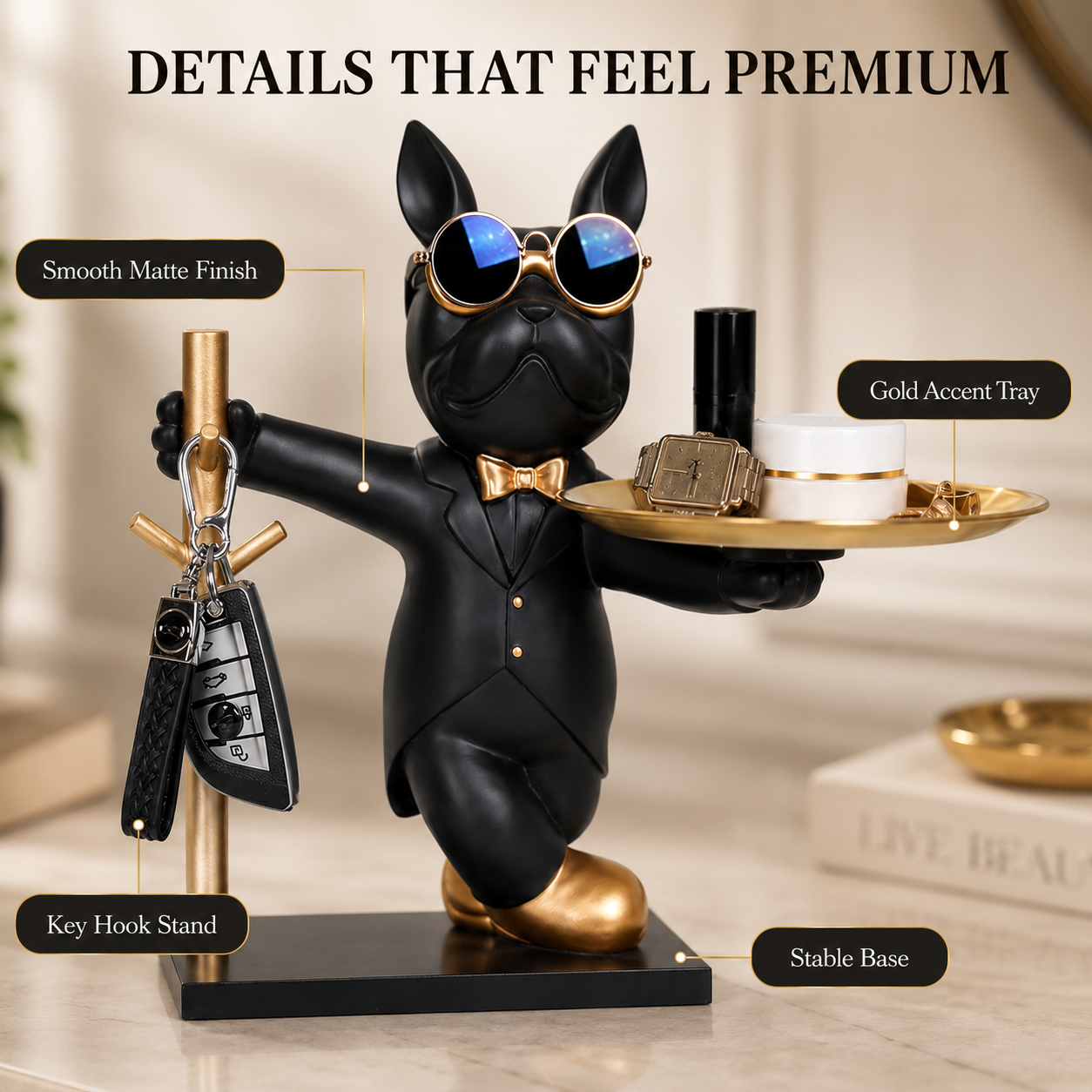 Bulldog Statue Tray Organizer | Decorative Dog Figurine Key Holder | Entryway Coin Tray Snack Holder | Tabletop Decor Gift