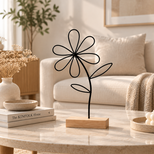 Black Iron Flower Sculpture Decor, Minimalist Tabletop Metal Art, Modern Home Accent, Living Room Shelf Decoration, Creative Desk Ornament