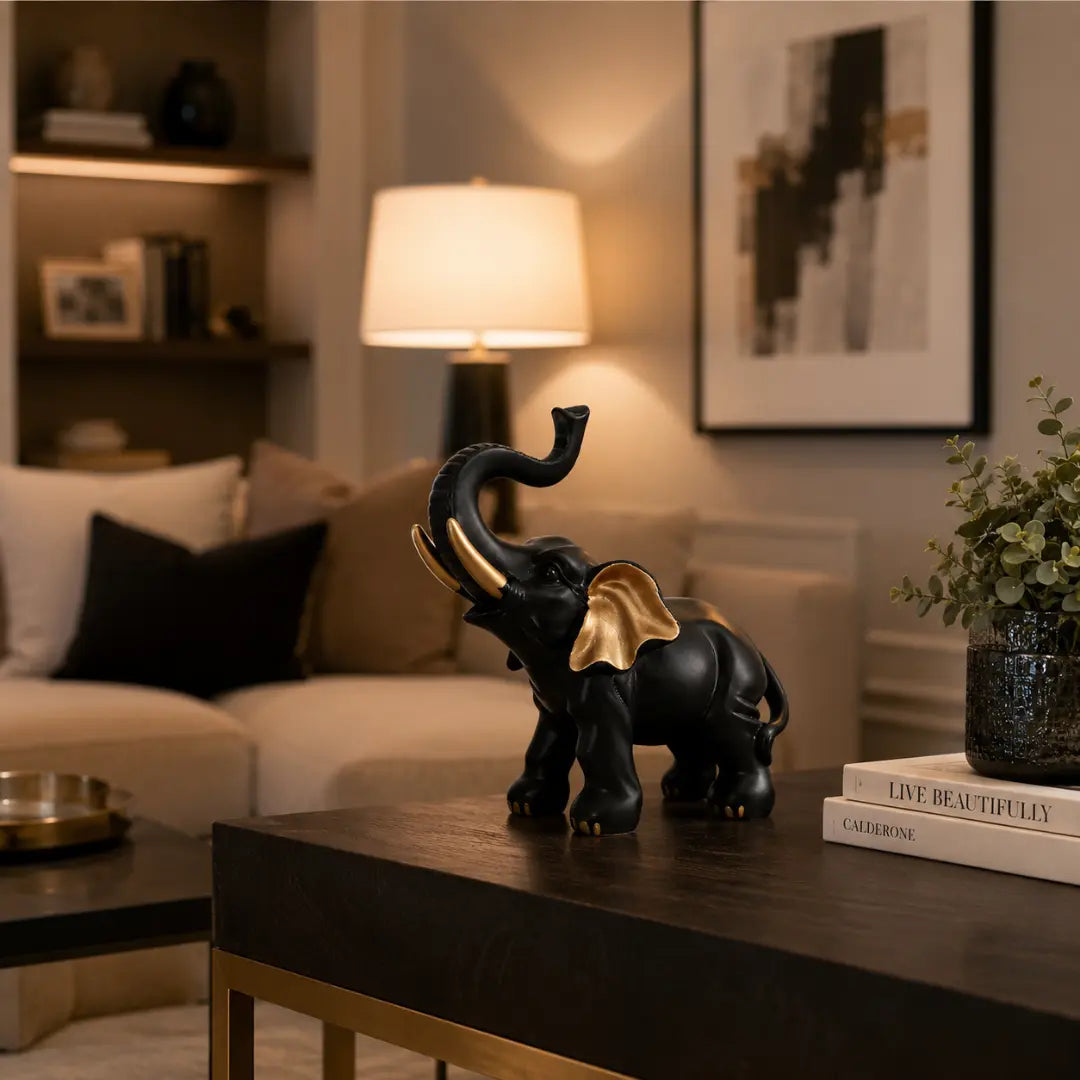 Black Gold Elephant Statue, Modern Resin Decor, Lucky Home Accent, Luxury Shelf Styling, Mantel Piece, Office Desk Decor Jumartins