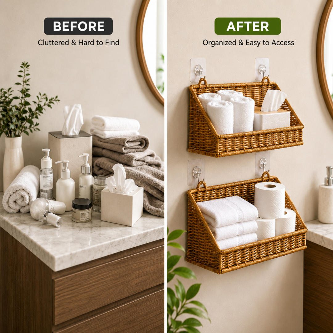 Wall Mounted Storage Basket – Boho Rattan-Look Hanging Organizer