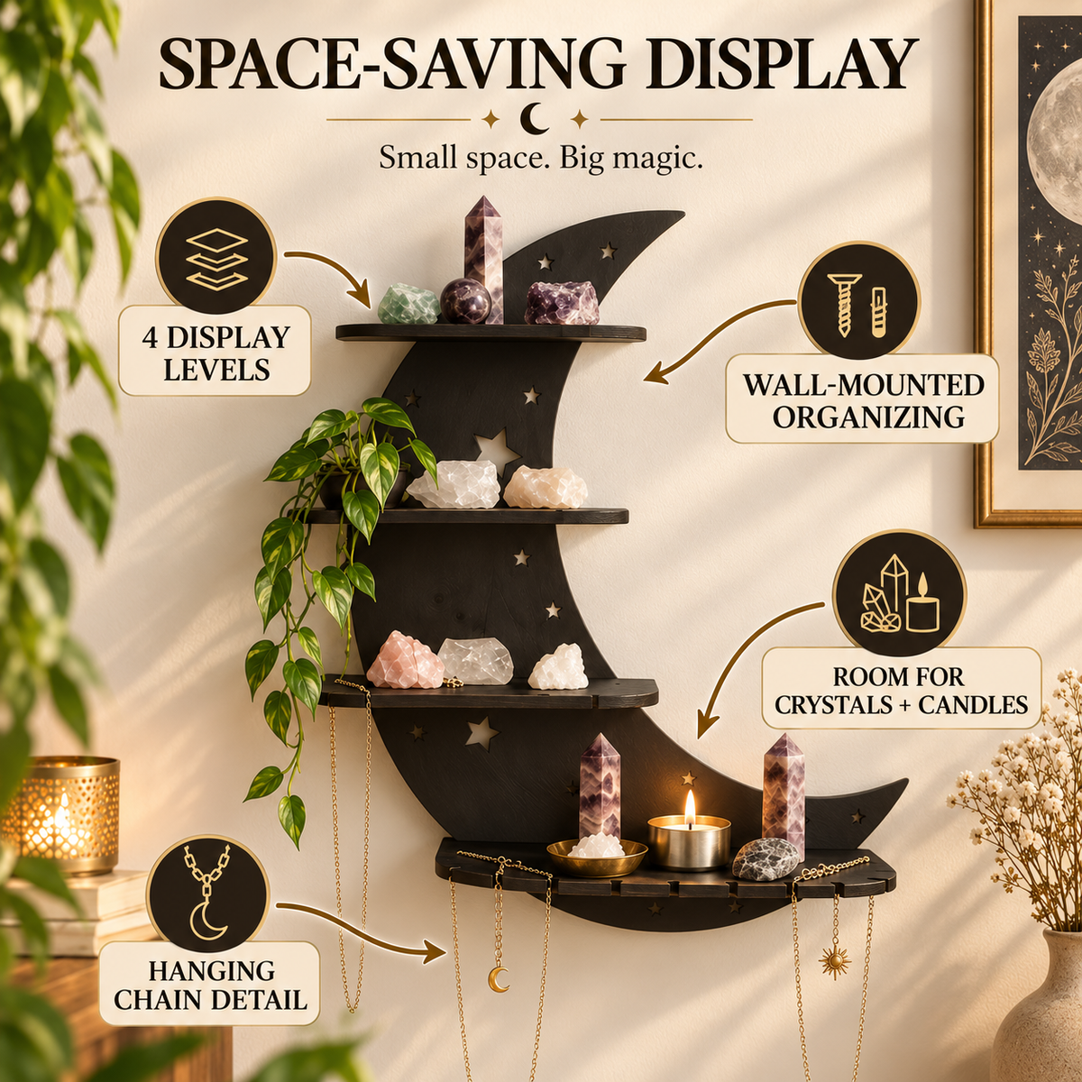 Crescent Moon Wall Shelf | Gothic Crystal Display Rack | Black Wooden Floating Shelves | Celestial Bedroom Decor