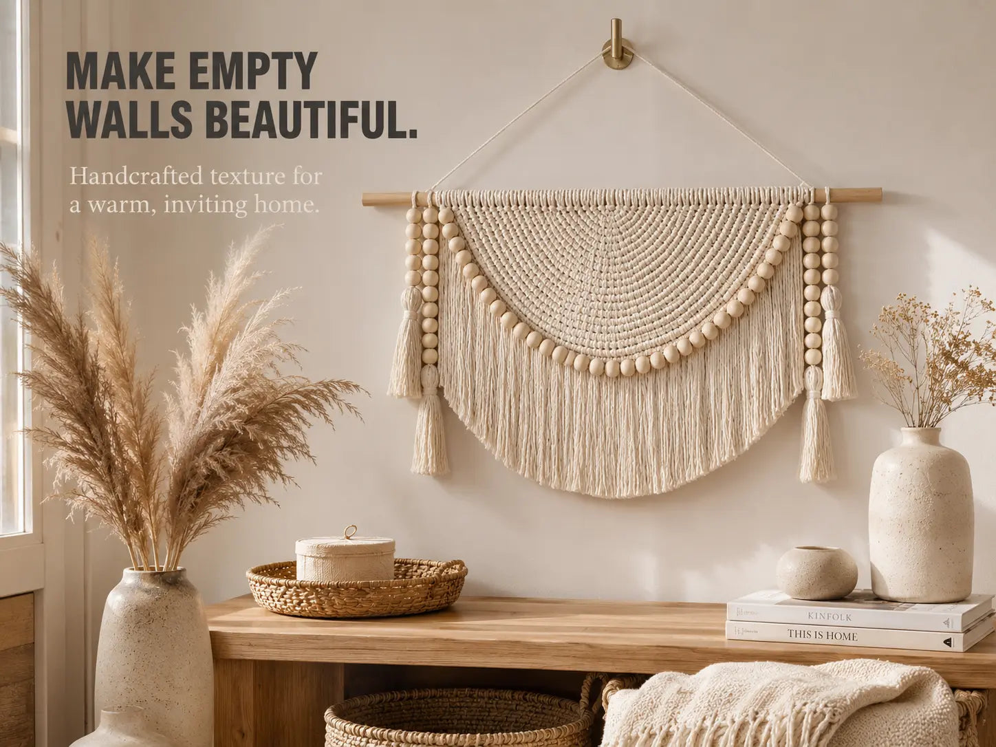 Macrame Wall Hanging Decor | Woven Wall Tapestry With Wood Beads | Boho Bedroom Living Room Office Accent Jumartins