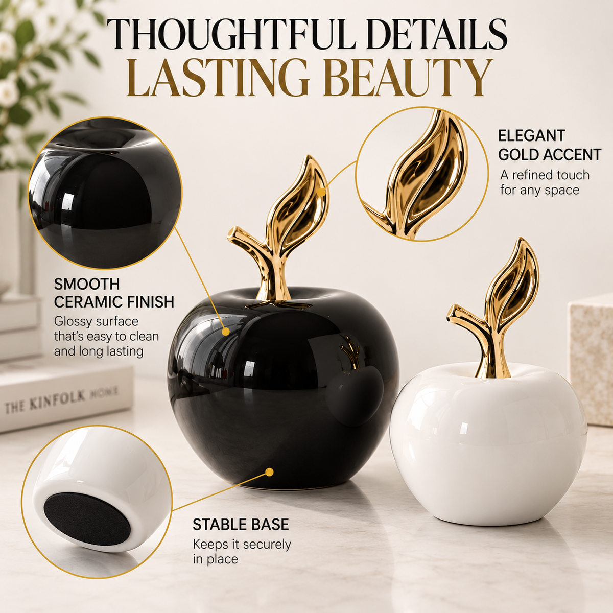 Glossy Apple Ornament with Gold Leaf | Ceramic Tabletop Accent | Modern Shelf Decor | Elegant Home Styling