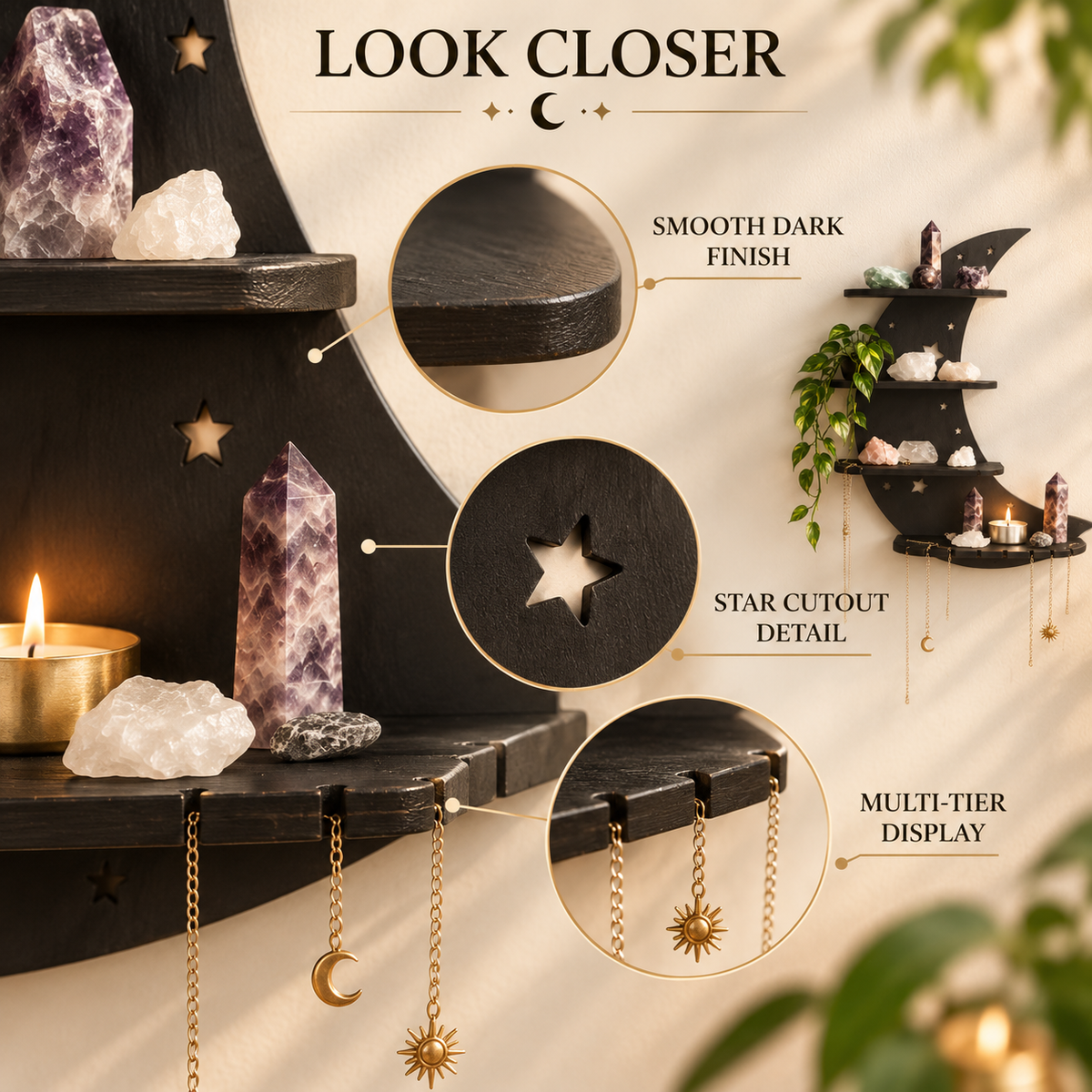 Crescent Moon Wall Shelf | Gothic Crystal Display Rack | Black Wooden Floating Shelves | Celestial Bedroom Decor