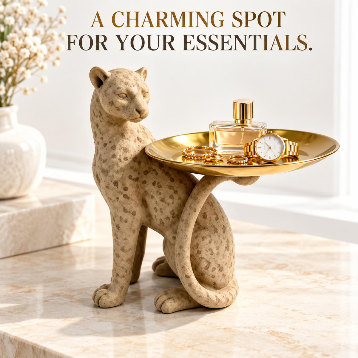 Leopard Statue Decorative Tray, Spotted Panther Figurine, Freestanding Jewelry Holder, Modern Tabletop Home Decor