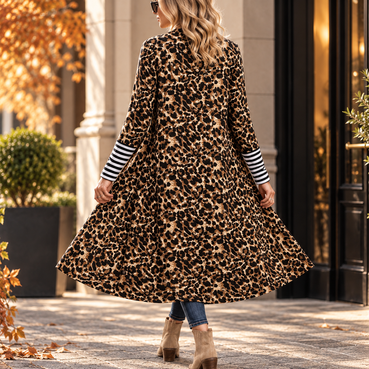 Leopard Print Long Cardigan for Women, Long Sleeve Open Front Sweater, Mid Length Animal Print Layering Top, Autumn Fall Outfit