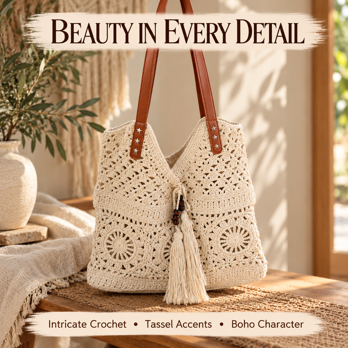 Boho Crochet Tote Bag Large Shoulder Handbag | Woven Beach Purse with Tassels | Openwork Everyday Carryall for Summer Outings
