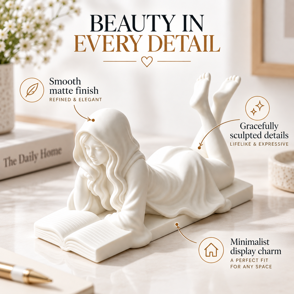 Hooded Reading Girl Figurine Book Lover Desk Decor Resin Sculpture Literary Shelf Accent Gift