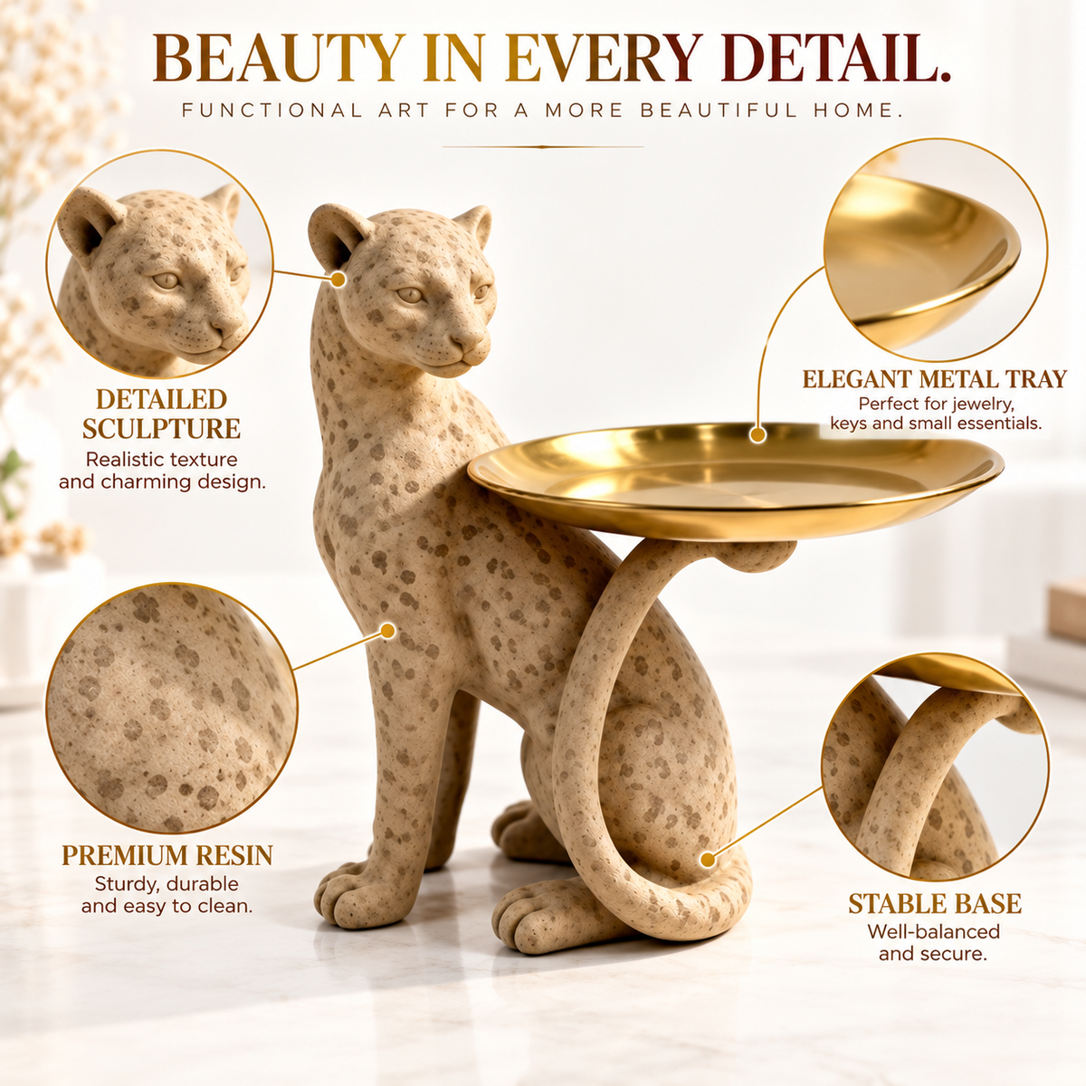 Leopard Statue Decorative Tray, Spotted Panther Figurine, Freestanding Jewelry Holder, Modern Tabletop Home Decor