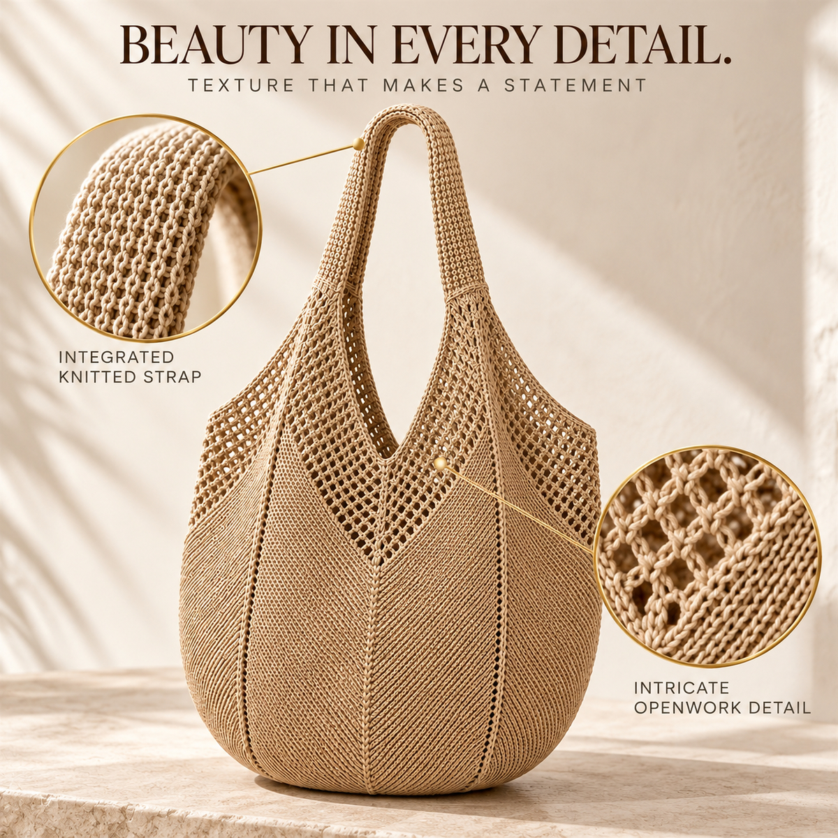 Crochet Shoulder Tote Bag | Large Capacity Beach Handbag | Lightweight Knitted Everyday Travel Purse