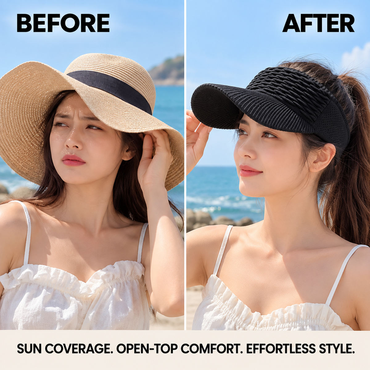 Women’s UV Sun Visor Hat, Breathable Visor Cap, Adjustable Open Top Sun Hat, Ponytail Beach Hat, Lightweight Summer Headwear