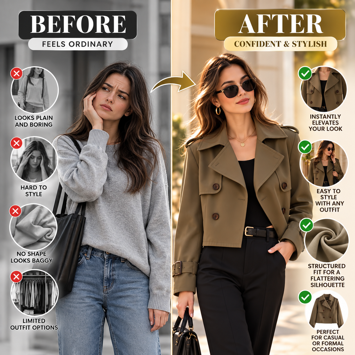 Olive Khaki Cropped Trench Jacket for Women, Double Breasted Short Coat, Elegant Casual Blazer, Lightweight Spring Fall Outerwear