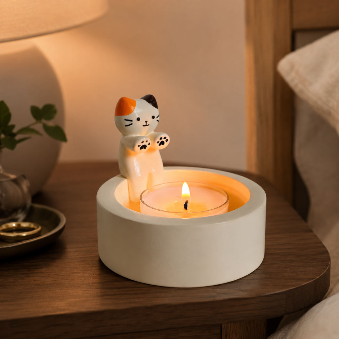Cute Cat Candle Holder, Ceramic Kitten Decor, Tealight Holder Gift