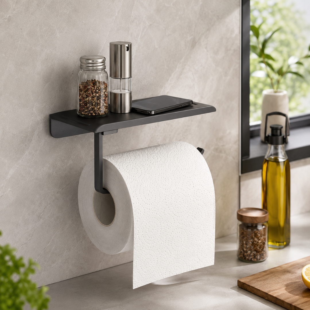 No Drill Toilet Paper Holder, Wall Mounted Shelf Organizer, Space Saving Holder
