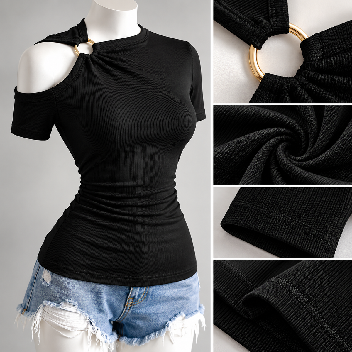 Women’s Burgundy Ribbed Cutout Shoulder Top, Fitted Stretch Shirt, Chic Short Sleeve Top, Casual Date Night Blouse