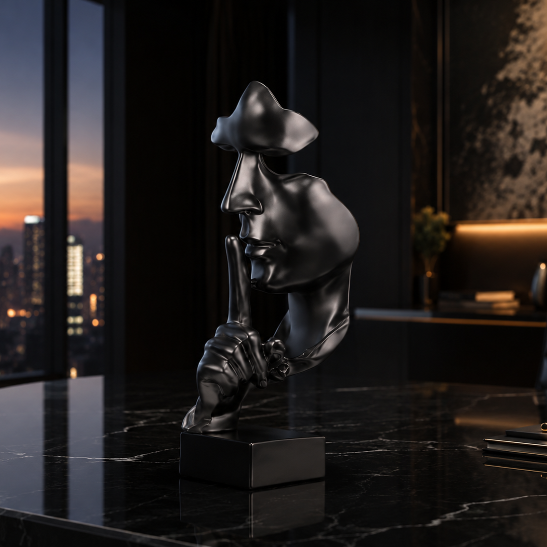 Thinker Statue – Luxury Office Decor, Abstract Face Sculpture, Modern Resin Figurine, Silence Is Gold Art, Studio Desk Ornament, White Home Decoration