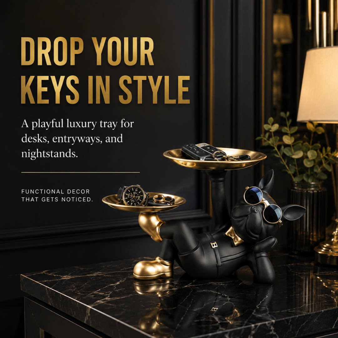 Black Bulldog Statue with Tray – Key Holder, Jewelry Organizer, Luxury Entryway Decor, Office Desk Accessory, Modern Home Accent Gift