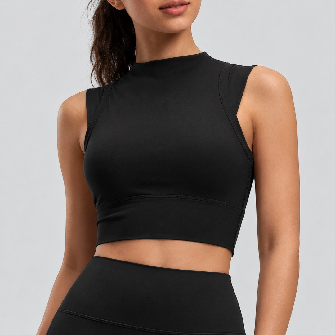 Womens Yoga Tank Top with Built In Cups, High Neck Stretch Workout Crop, Fitted Sleeveless Gym Shirt for Studio Practice and Everyday Wear