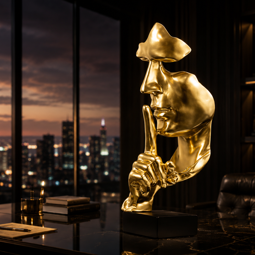 Thinker Statue – Luxury Office Decor, Abstract Face Sculpture, Modern Resin Figurine, Silence Is Gold Art, Studio Desk Ornament, White Home Decoration