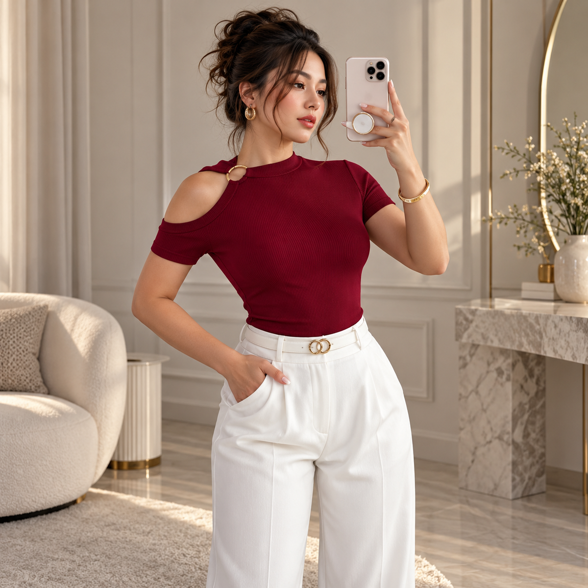 Women’s Burgundy Ribbed Cutout Shoulder Top, Fitted Stretch Shirt, Chic Short Sleeve Top, Casual Date Night Blouse