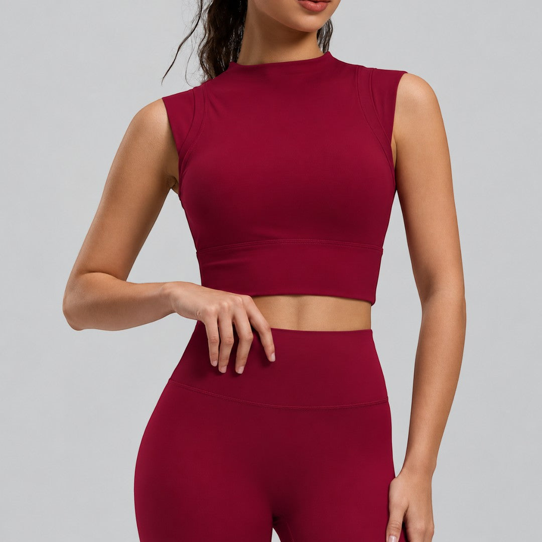 Womens Yoga Tank Top with Built In Cups, High Neck Stretch Workout Crop, Fitted Sleeveless Gym Shirt for Studio Practice and Everyday Wear