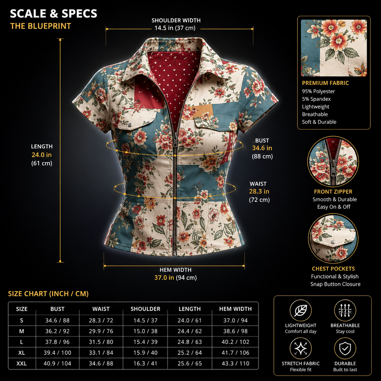 Floral Zip Front Blouse Fitted Summer Top Casual Chic Shirt Lightweight Stylish Outfit for Everyday Wear