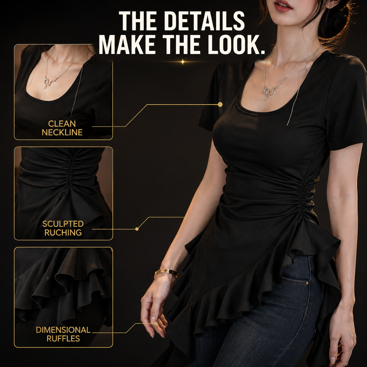 Ruffle Square Neck Top | Asymmetric Fitted Tee | Ruched Waist Shirt | Feminine Short Sleeve Blouse