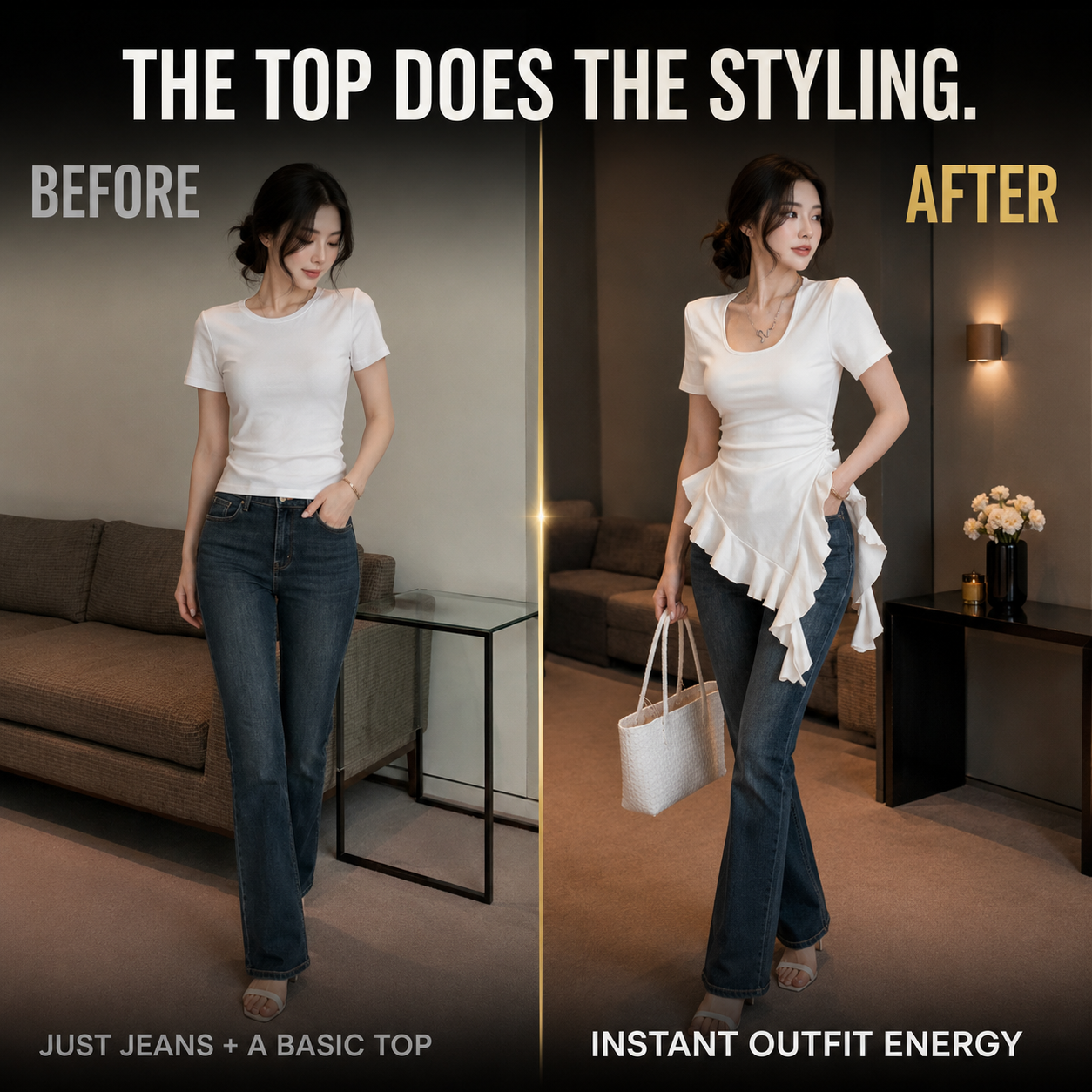 Ruffle Square Neck Top | Asymmetric Fitted Tee | Ruched Waist Shirt | Feminine Short Sleeve Blouse