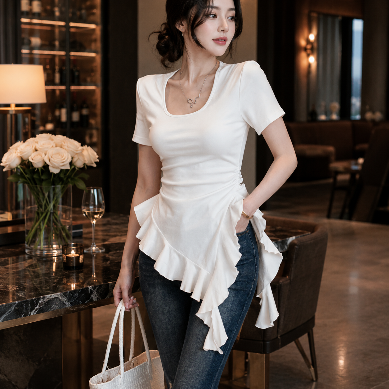 Ruffle Square Neck Top | Asymmetric Fitted Tee | Ruched Waist Shirt | Feminine Short Sleeve Blouse