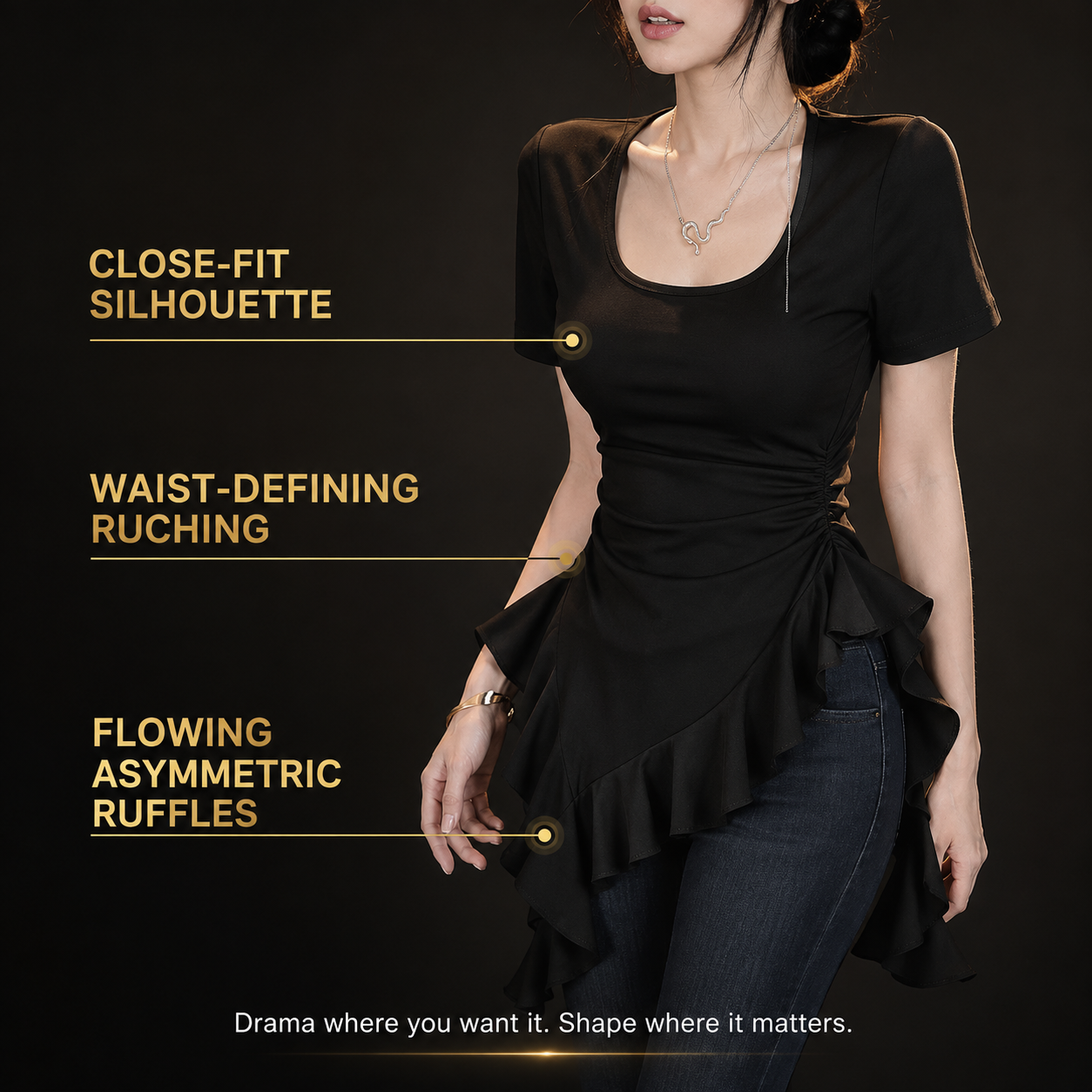 Ruffle Square Neck Top | Asymmetric Fitted Tee | Ruched Waist Shirt | Feminine Short Sleeve Blouse